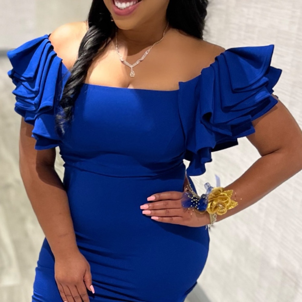 BLUE RUFFLES FORMAL DRESS